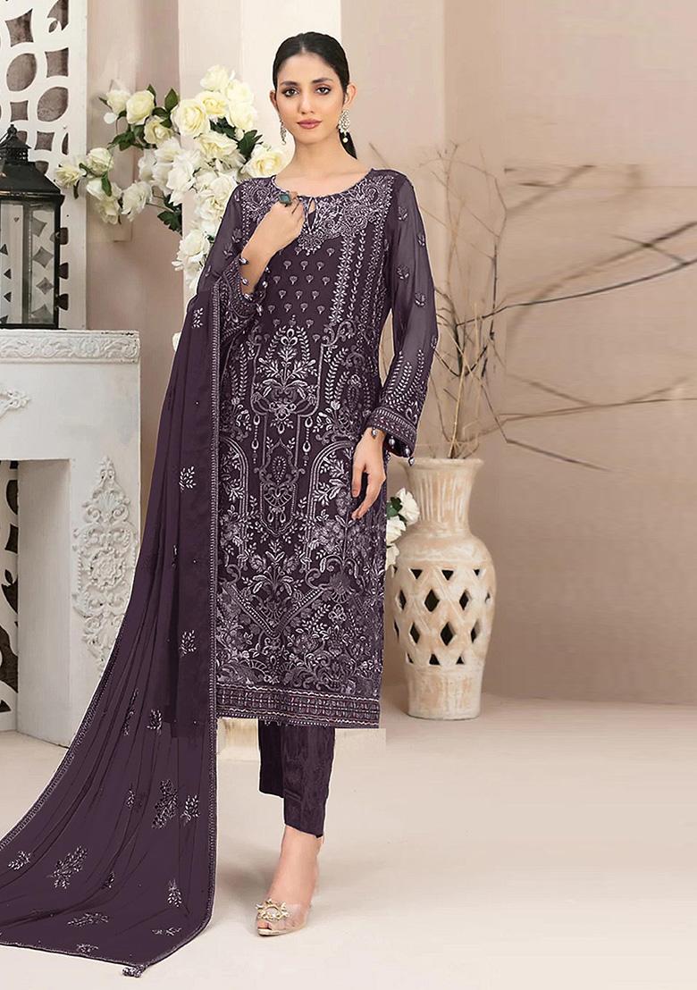 Purple Embroidered Faux Georgette Kurta Set