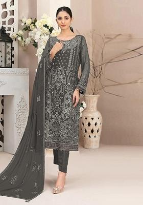 Grey Embroidered Faux Georgette Kurta Set
