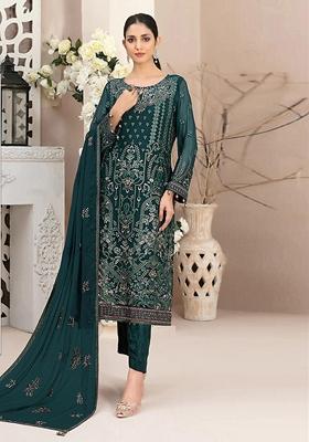 Teal Green Embroidered Faux Georgette Kurta Set