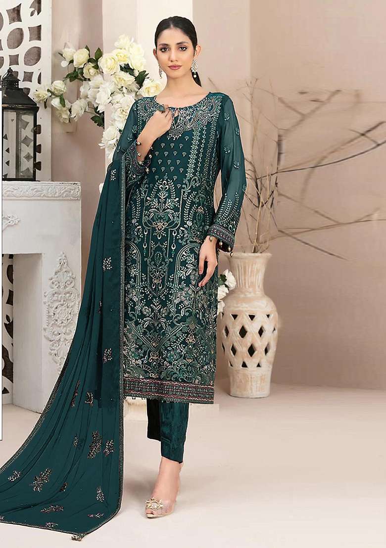Teal Green Embroidered Faux Georgette Kurta Set - Indya