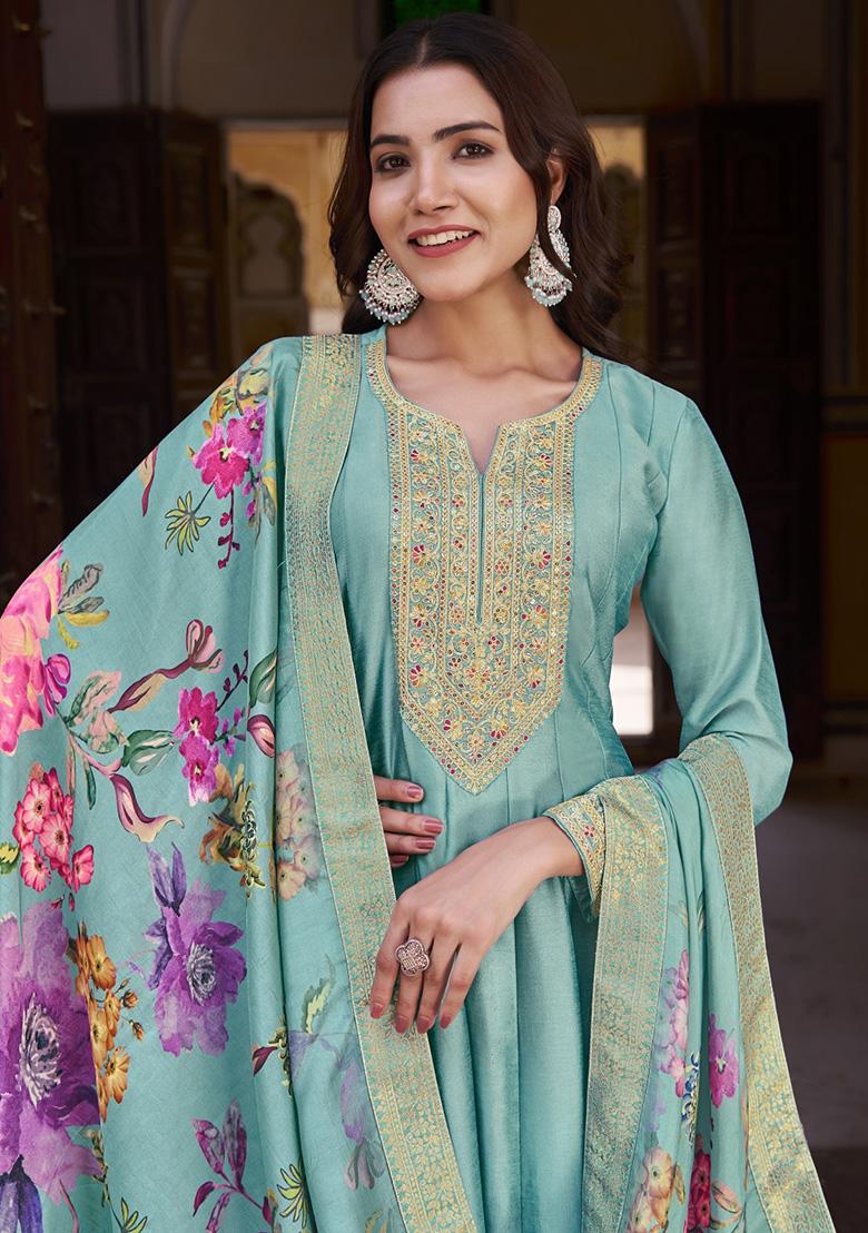 Sky Blue Embroidered Silk Kurta Set