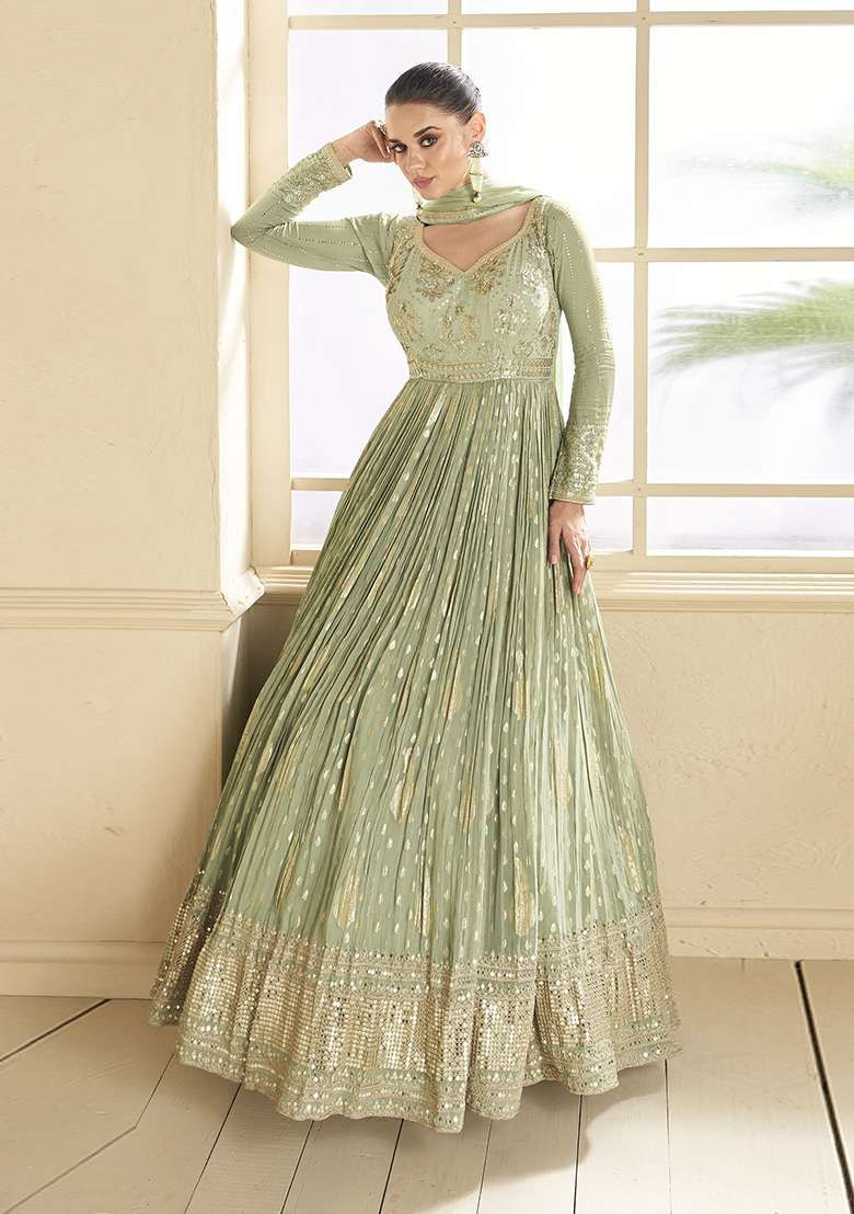 Mehendi Embroidered Viscose Anarkali Set - Indya