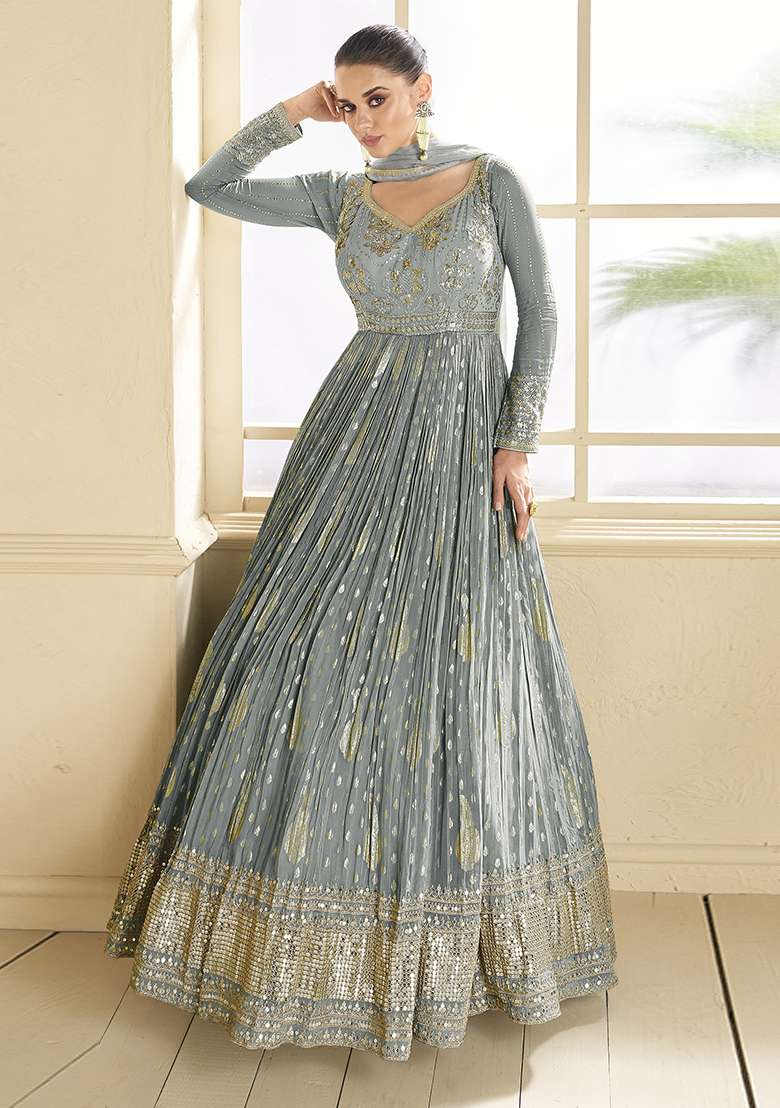 Grey Embroidered Viscose Anarkali Set - Indya