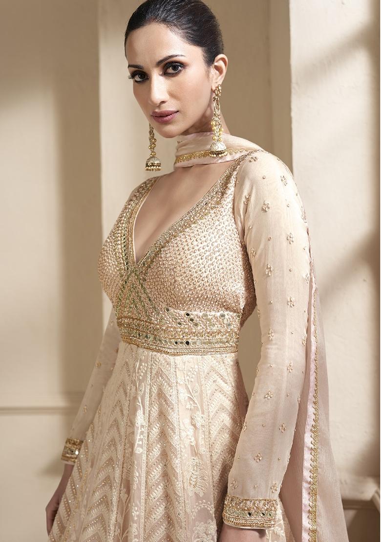 Cream Embroidered Faux Georgette Anarkali Kurta Set