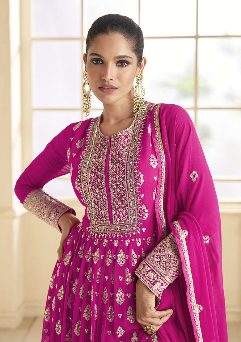 Pink Embroidered Faux Blooming Anarkali Set - Indya