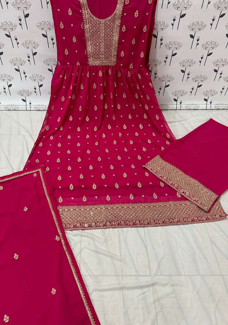 Pink Embroidered Faux Blooming Anarkali Set - Indya