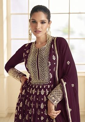 Wine Embroidered Faux Georgette Anarkali Kurta Set