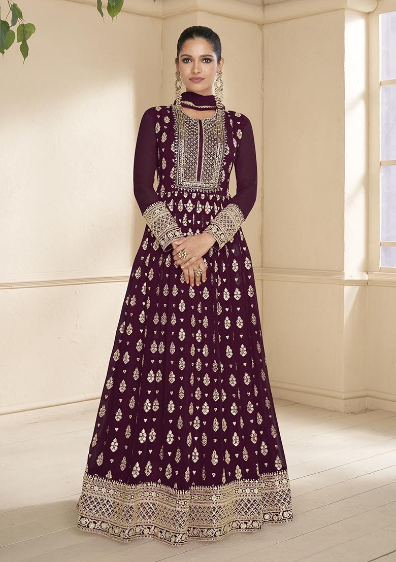 Wine Embroidered Faux Georgette Anarkali Kurta Set