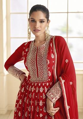 Red Embroidered Faux Georgette Anarkali Kurta Set