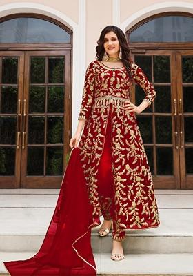 Red Embroidered Net Kurta Set