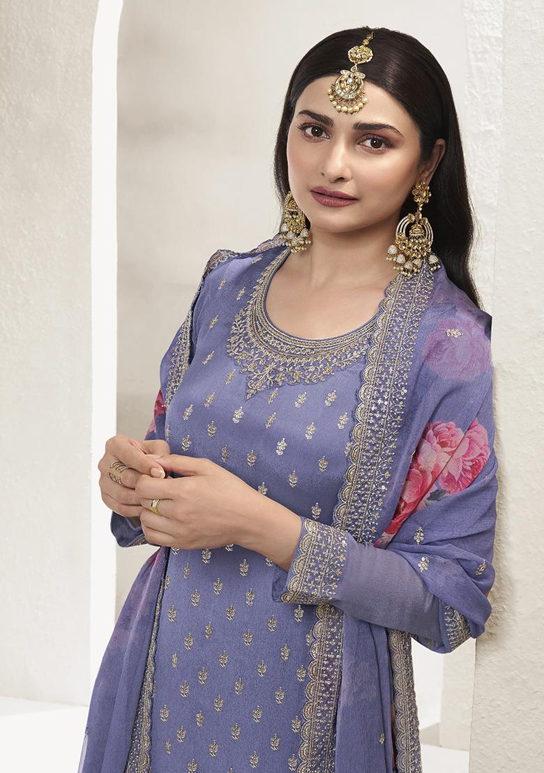 Lavender Embroidered Pure Silk Kurta Set