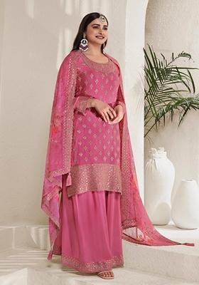 Pink Embroidered Pure Silk Kurta Set