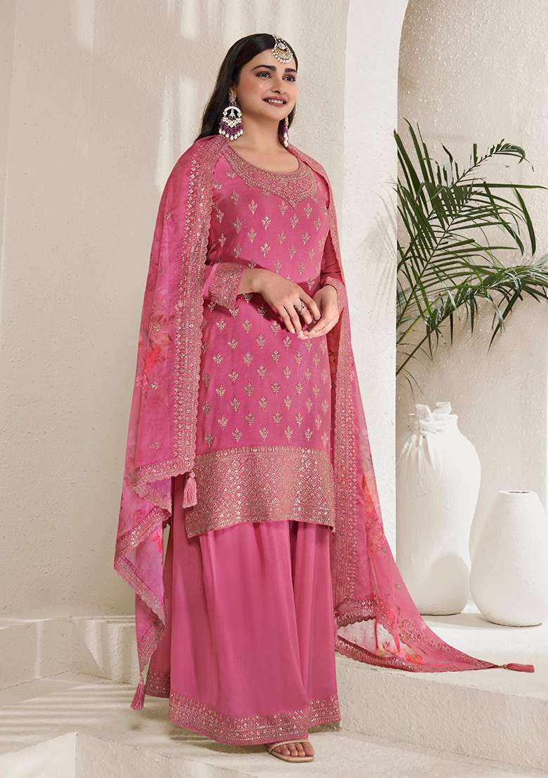 Pink Embroidered Pure Silk Kurta Set - Indya