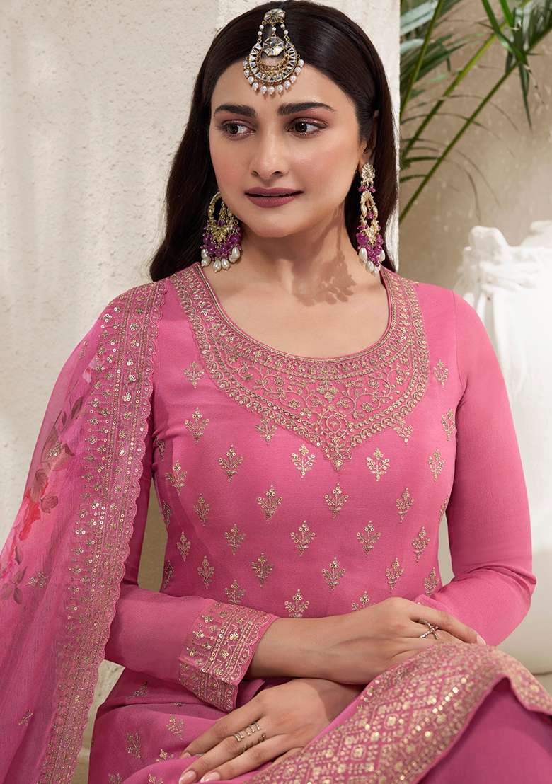Pink Embroidered Pure Silk Kurta Set - Indya