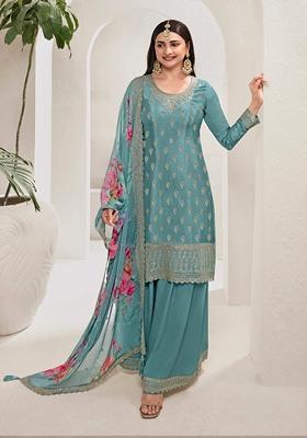 Sky Blue Embroidered Pure Silk Kurta Set