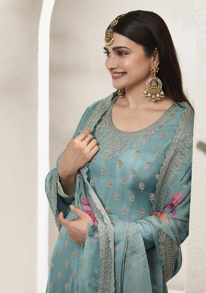 Sky Blue Embroidered Pure Silk Kurta Set