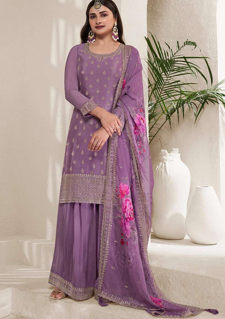 Purple Embroidered Silk Blend Sharara Set - Indya