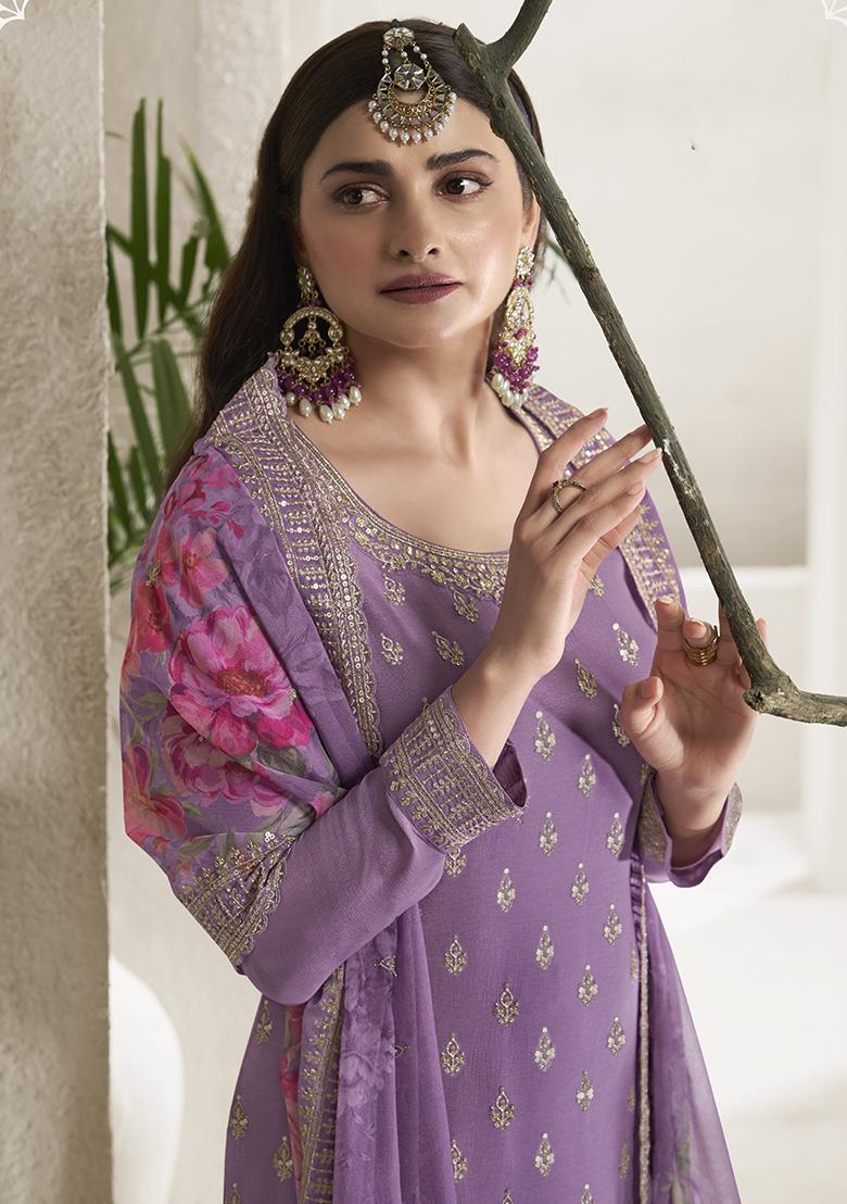 Purple Embroidered Pure Silk Kurta Set