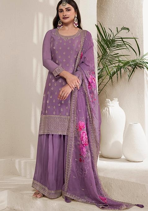 Purple Embroidered Pure Silk Kurta Set