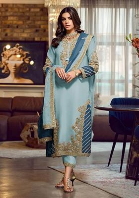 Sky Blue Embroidered Faux Georgette Kurta Set