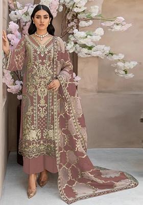 Peach Embroidered Organza Kurta Set