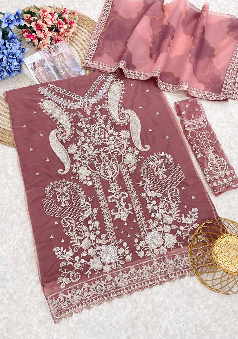 Peach Embroidered Organza Kurta Set