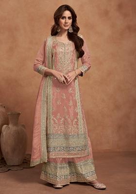 Peach Embroidered Silk Kurta Set