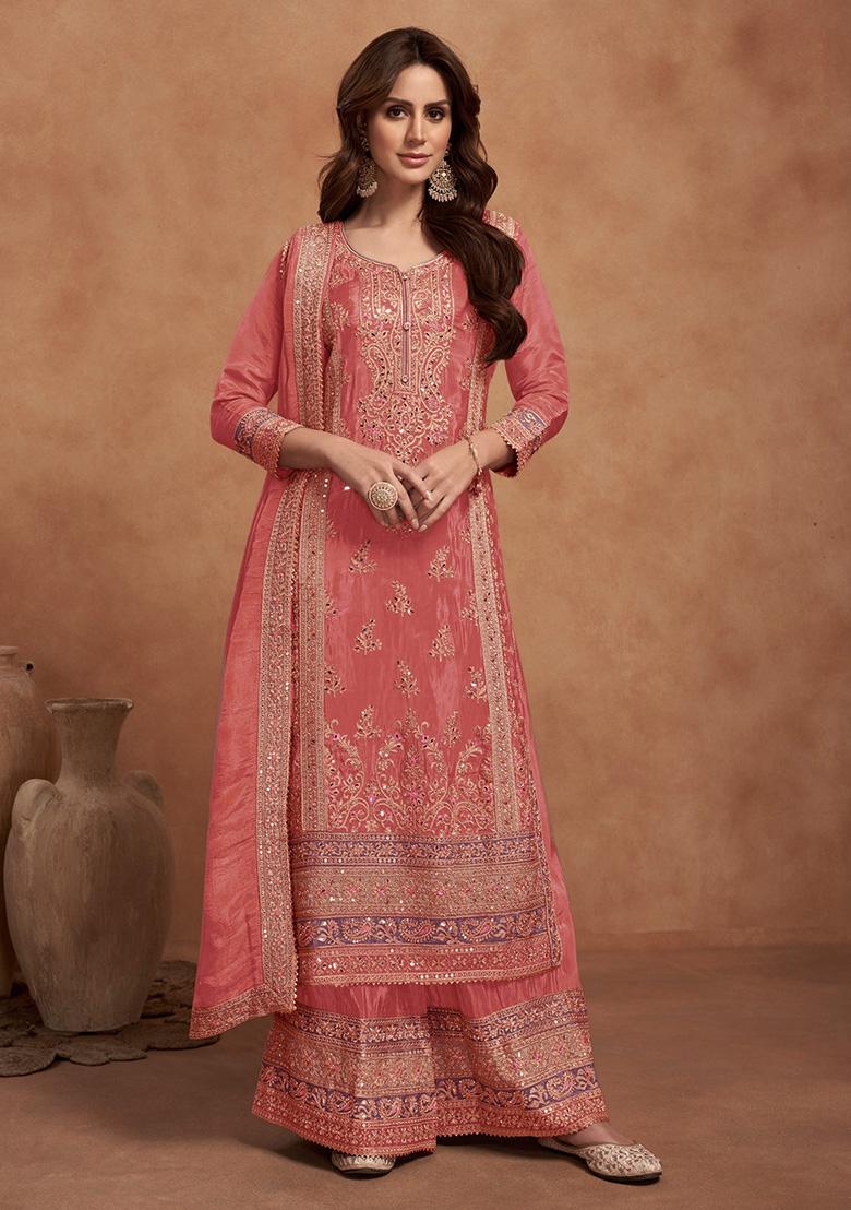 Peach Embroidered Silk Kurta Set