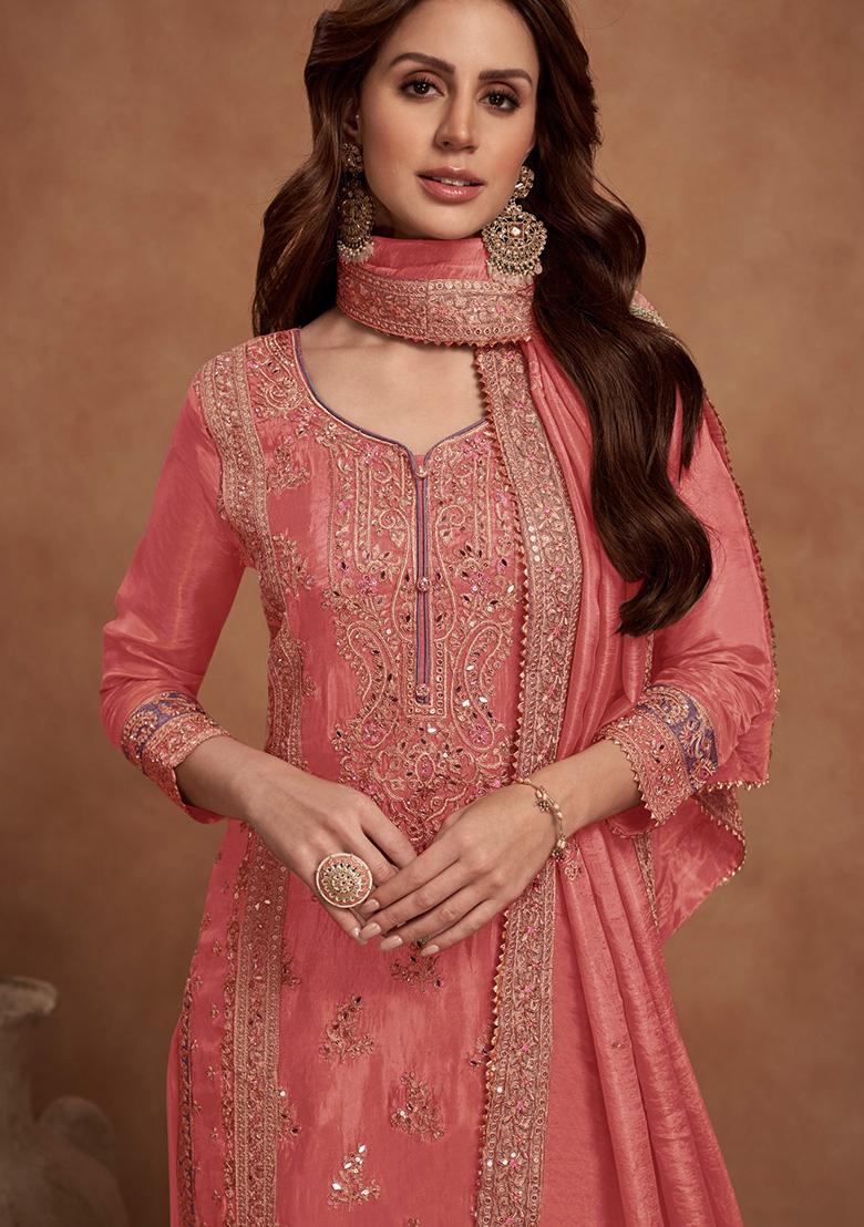 Peach Embroidered Silk Kurta Set