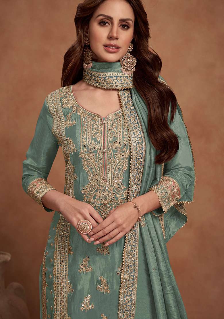 Sea Green Embroidered Silk Blend Straight Kurta Set - Indya