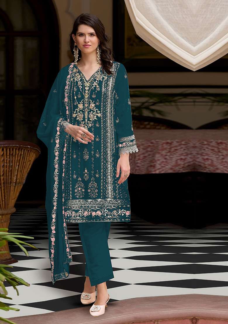 Teal Embroidered Faux Georgette Kurta Set - Indya