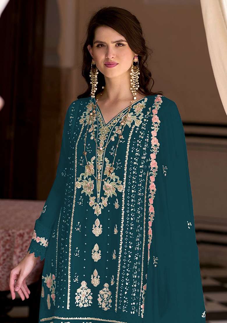 Teal Embroidered Faux Georgette Kurta Set - Indya