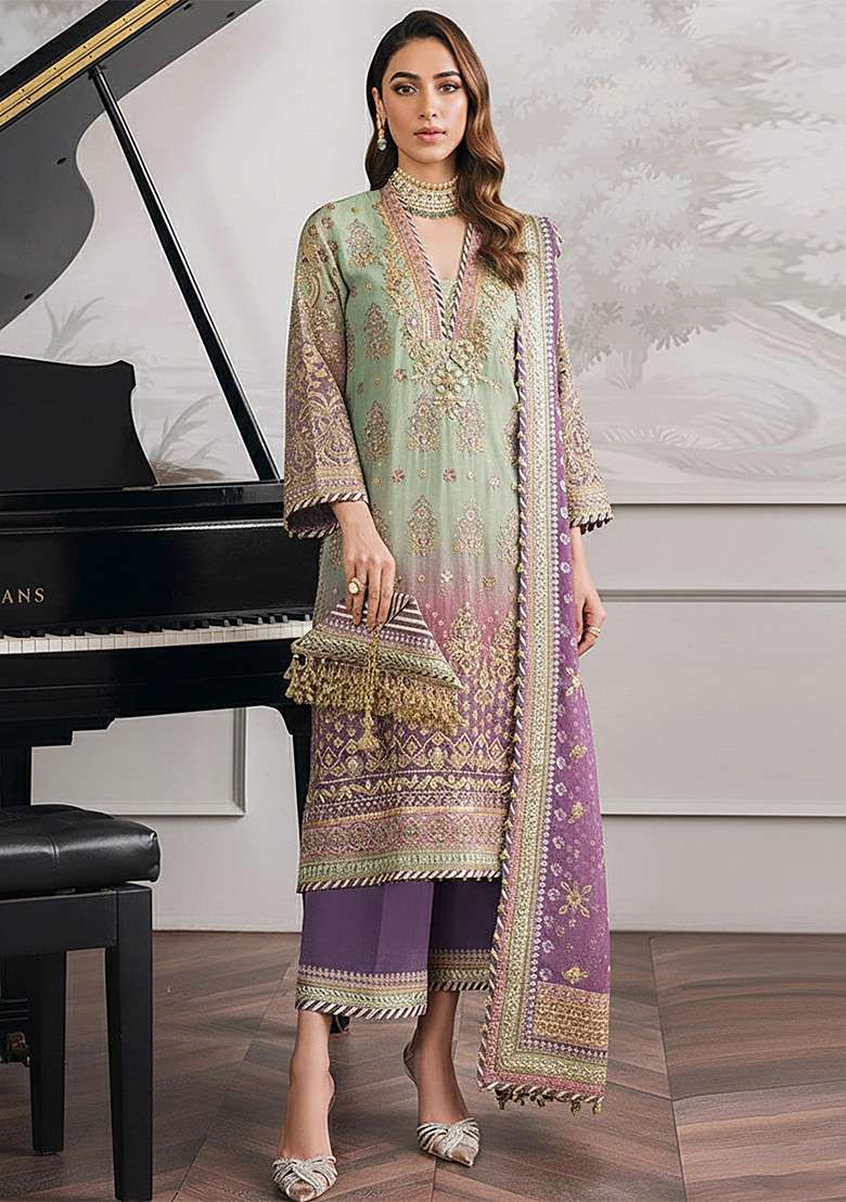 Green Embroidered Faux Blooming Pakistani Suit Set - Indya