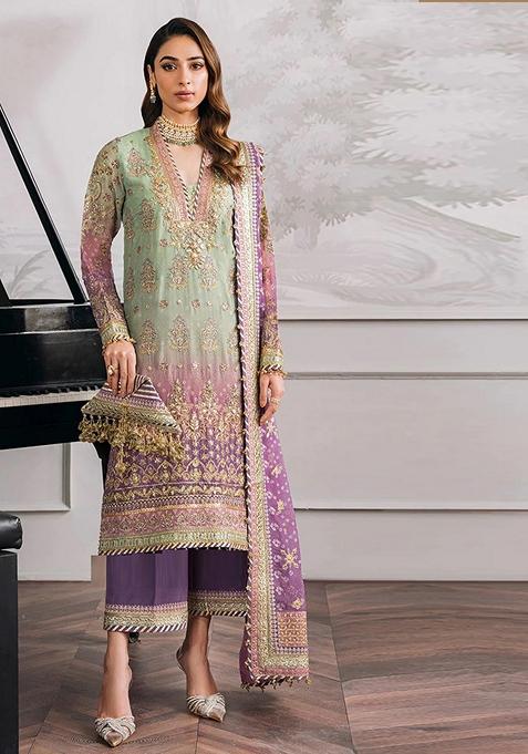 Green Embroidered Faux Georgette Kurta Set