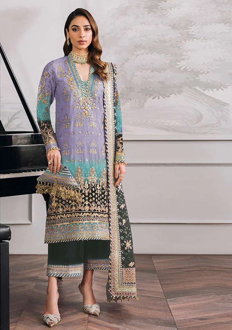 Purple Embroidered Faux Blooming Pakistani Suit Set - Indya