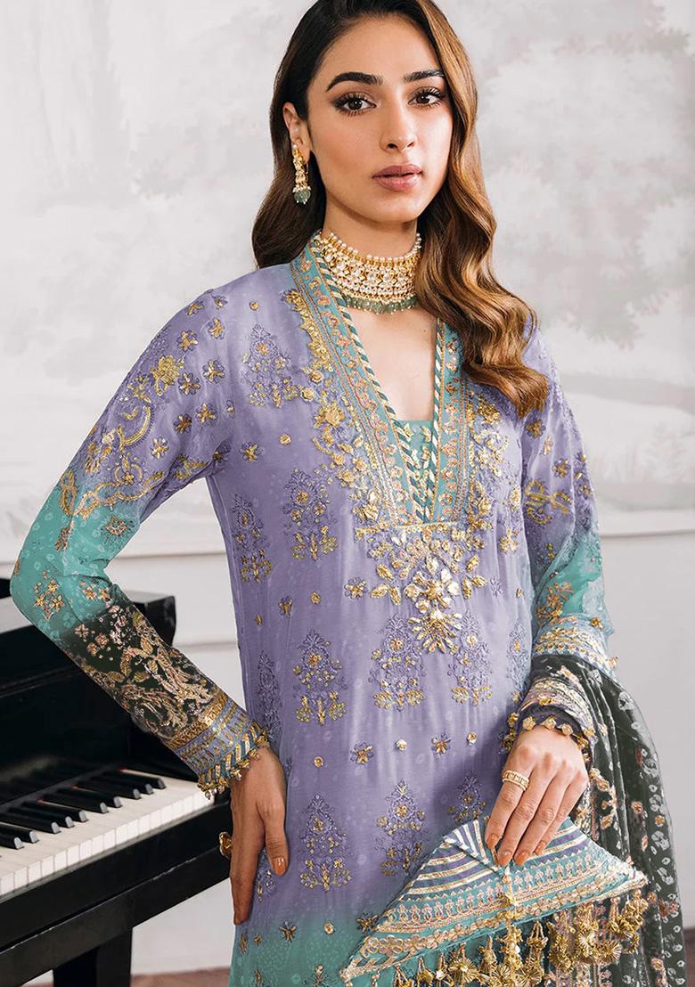 Purple Embroidered Faux Georgette Kurta Set
