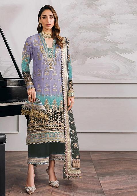 Purple Embroidered Faux Georgette Kurta Set