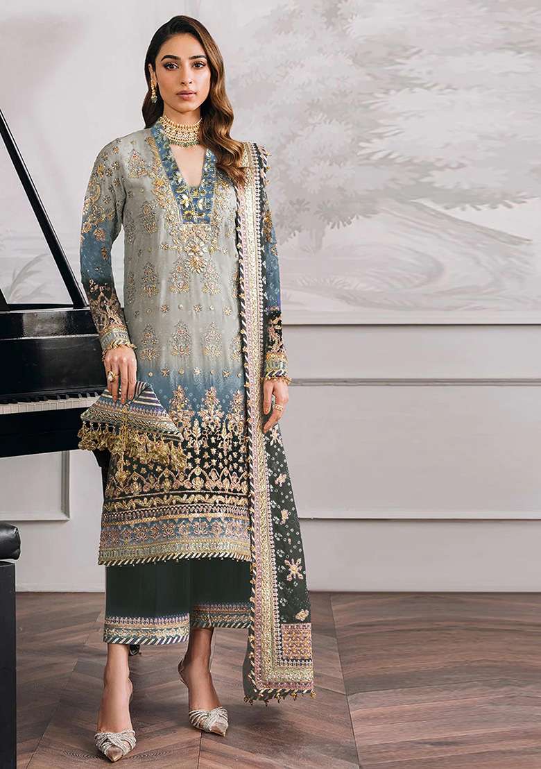 Grey Embroidered Faux Blooming Pakistani Suit Set - Indya