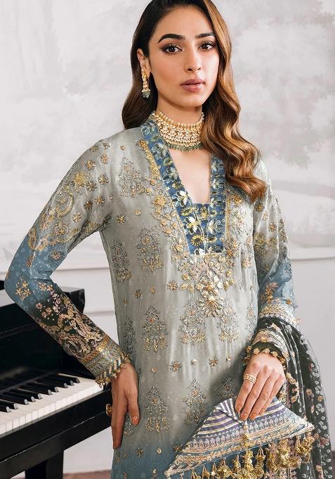 Women Black Faux Georgette   Embroidery Work Kurta Set With Dupatta