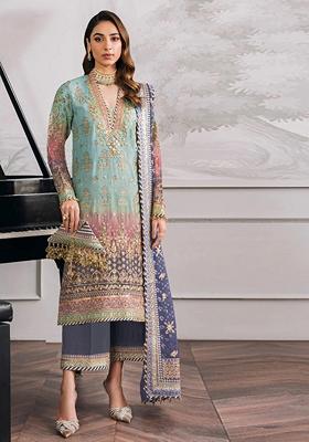 Sky Blue Embroidered Faux Georgette Kurta Set