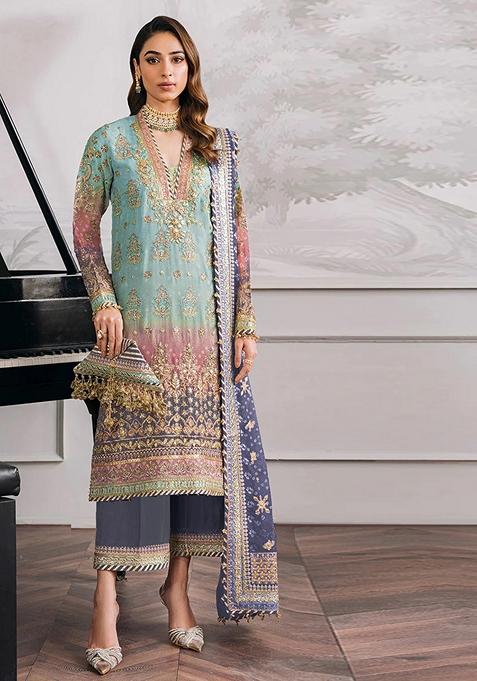 Sky Blue Embroidered Faux Georgette Kurta Set