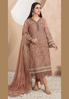 Peach Embroidered Faux Georgette Kurta Set