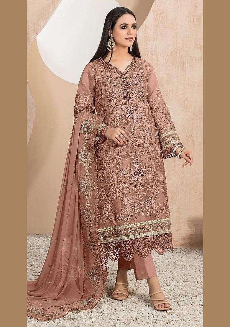 Peach Embroidered Faux Blooming Pakistani Suit Set - Indya