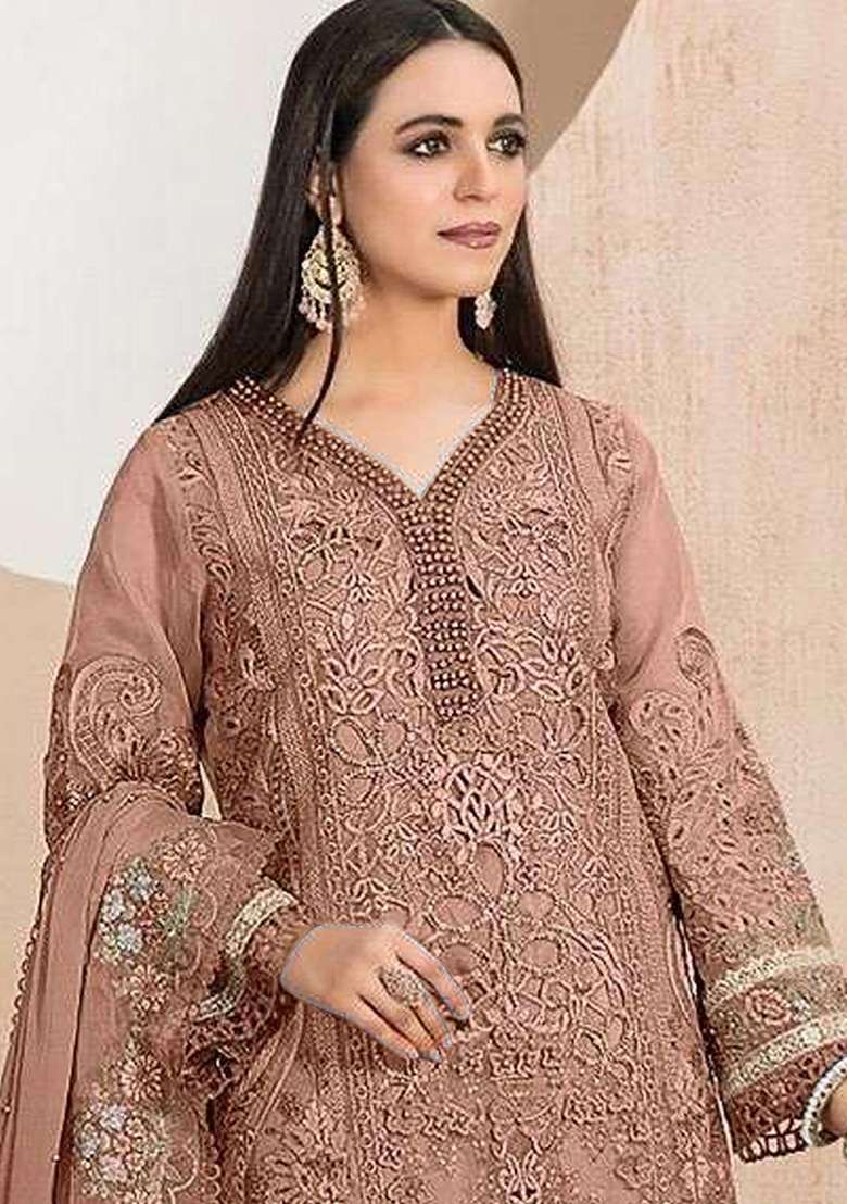 Peach Embroidered Faux Blooming Pakistani Suit Set - Indya