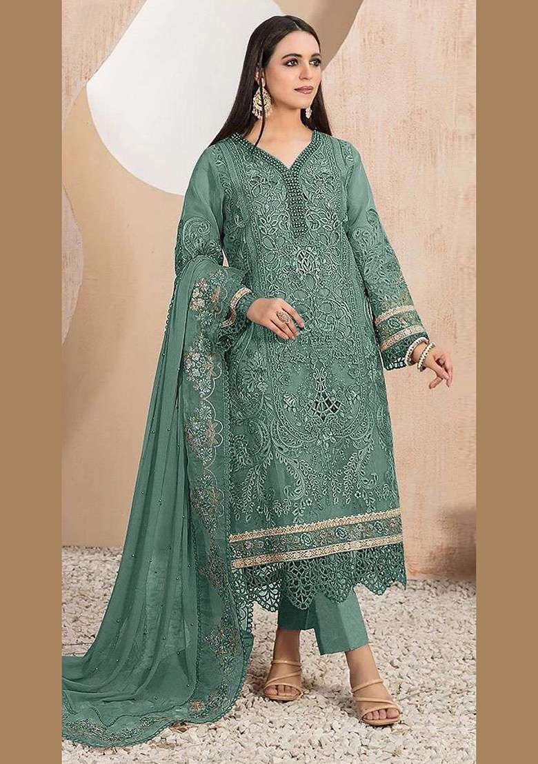 Green Embroidered Faux Blooming Pakistani Suit Set - Indya