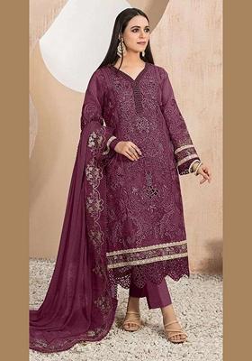 Wine Embroidered Faux Georgette Kurta Set
