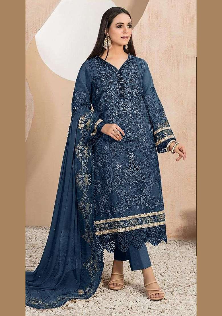 Blue Embroidered Faux Blooming Pakistani Suit Set - Indya