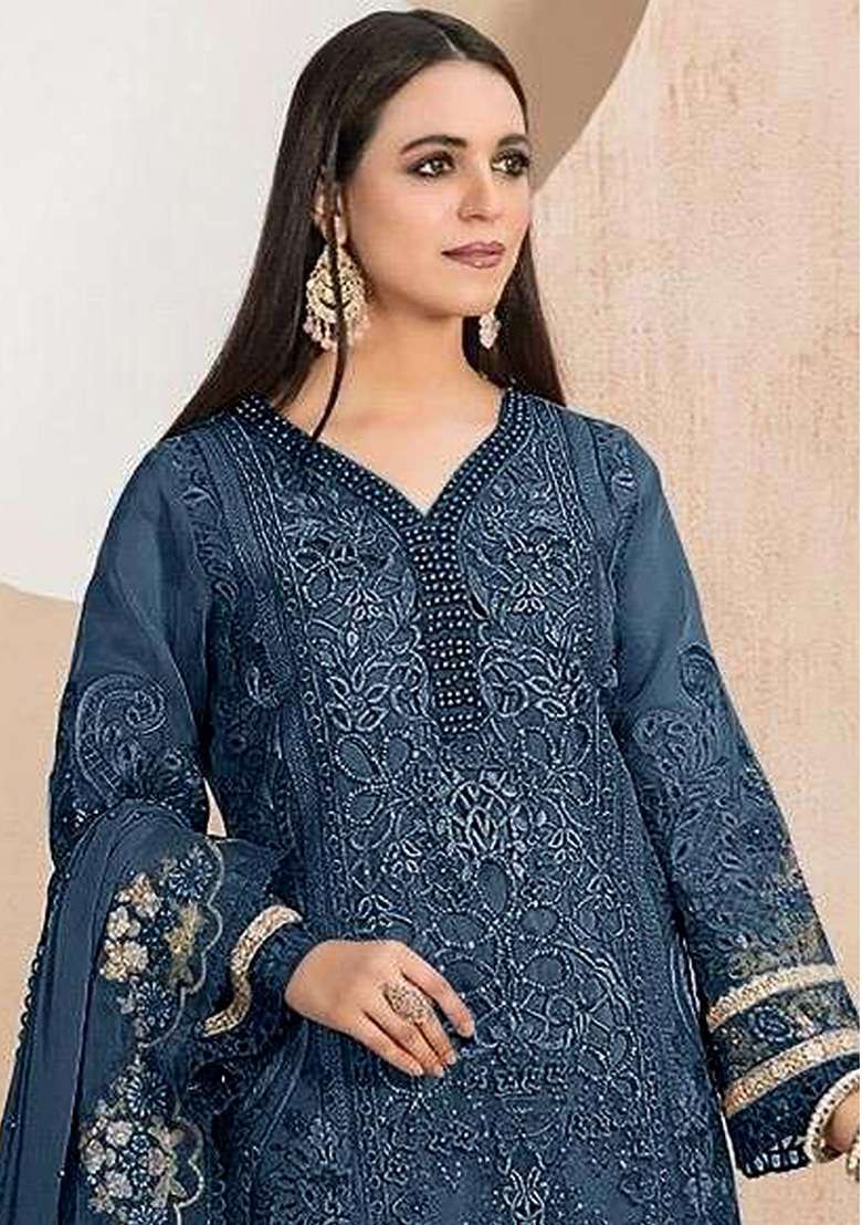 Blue Embroidered Faux Blooming Pakistani Suit Set - Indya