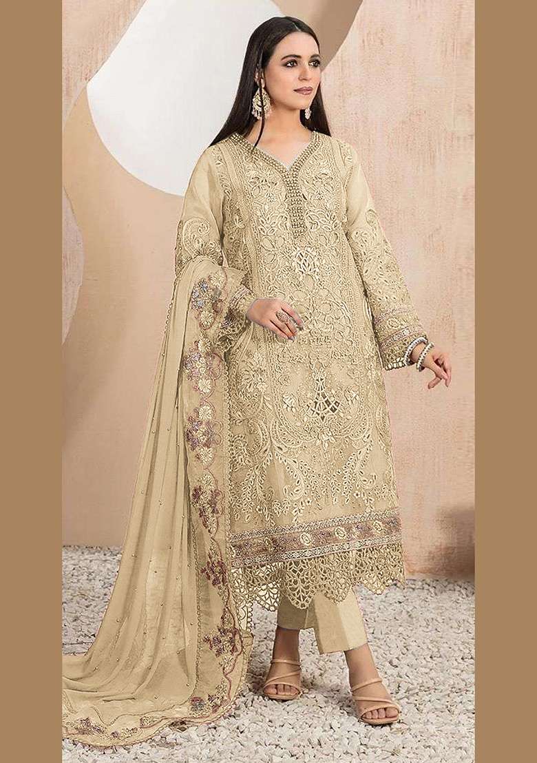 Cream Embroidered Faux Blooming Pakistani Suit Set - Indya