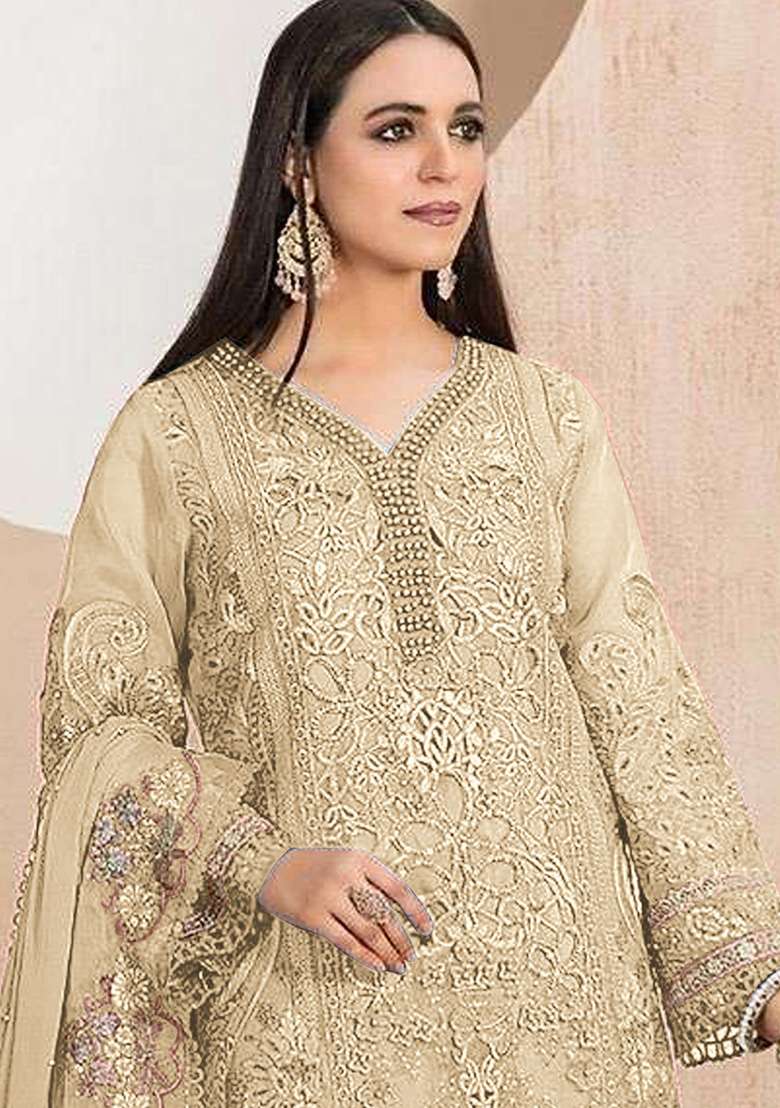 Cream Embroidered Faux Blooming Pakistani Suit Set - Indya